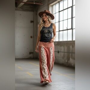 NWT POL Boho Wide Leg Floral Print Waffle Knit Mixed Media Ruffle Pants